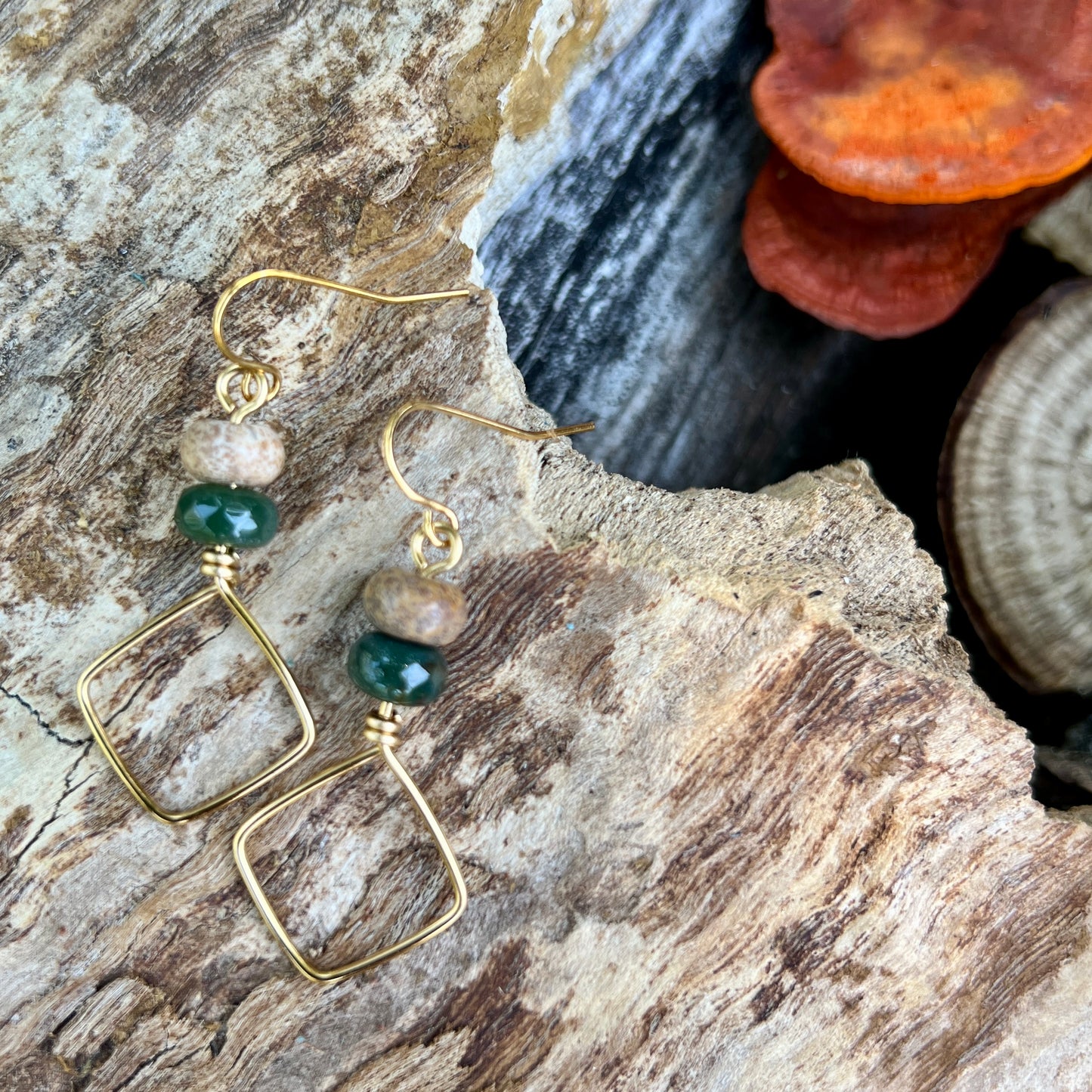 Square Hoop Earrings - Golden with Jasper