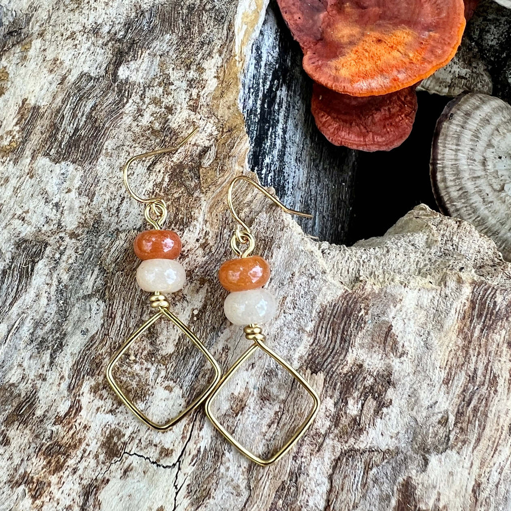 Square Hoop Earrings - Golden with Red Aventurine