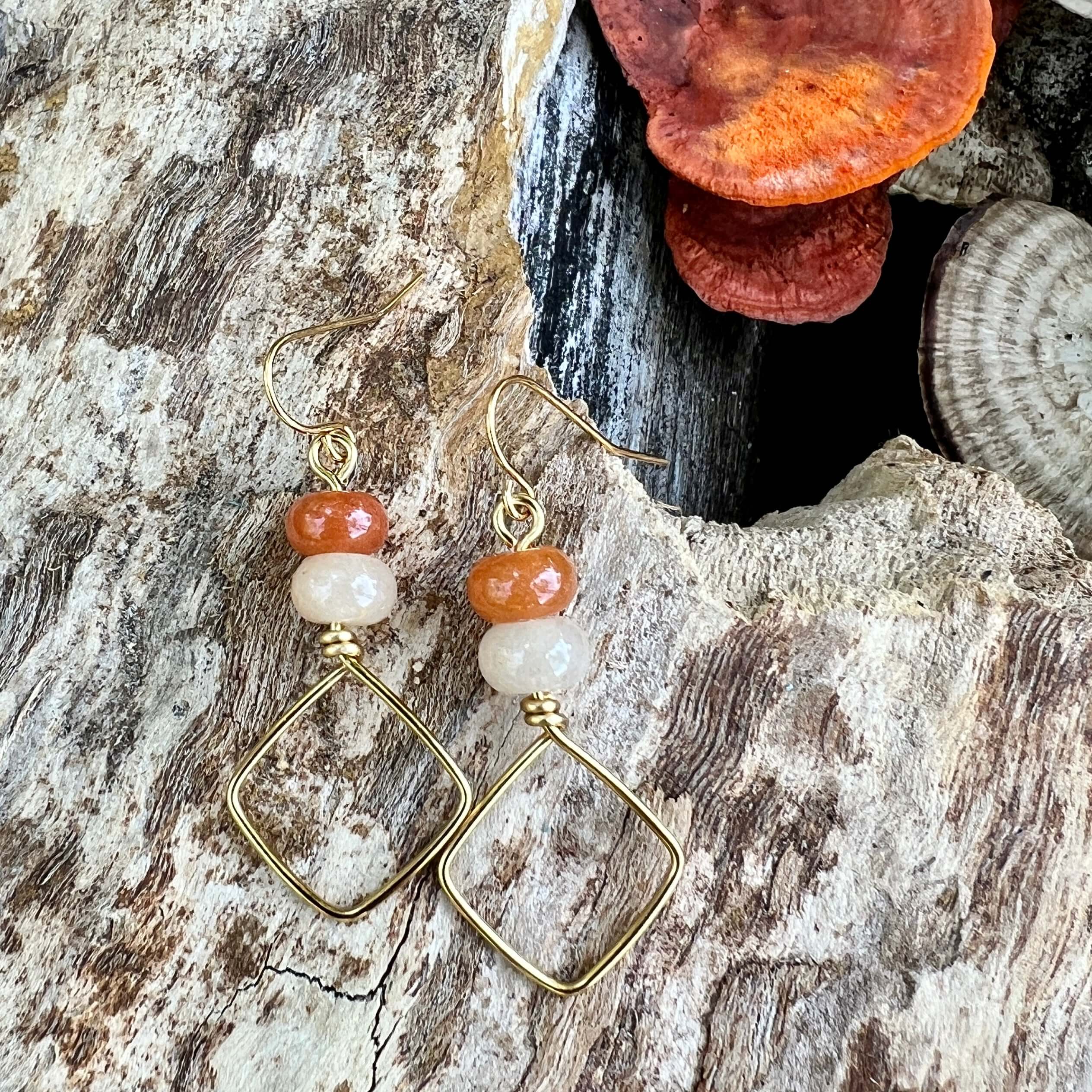 Square Hoop Earrings - Golden with Red Aventurine