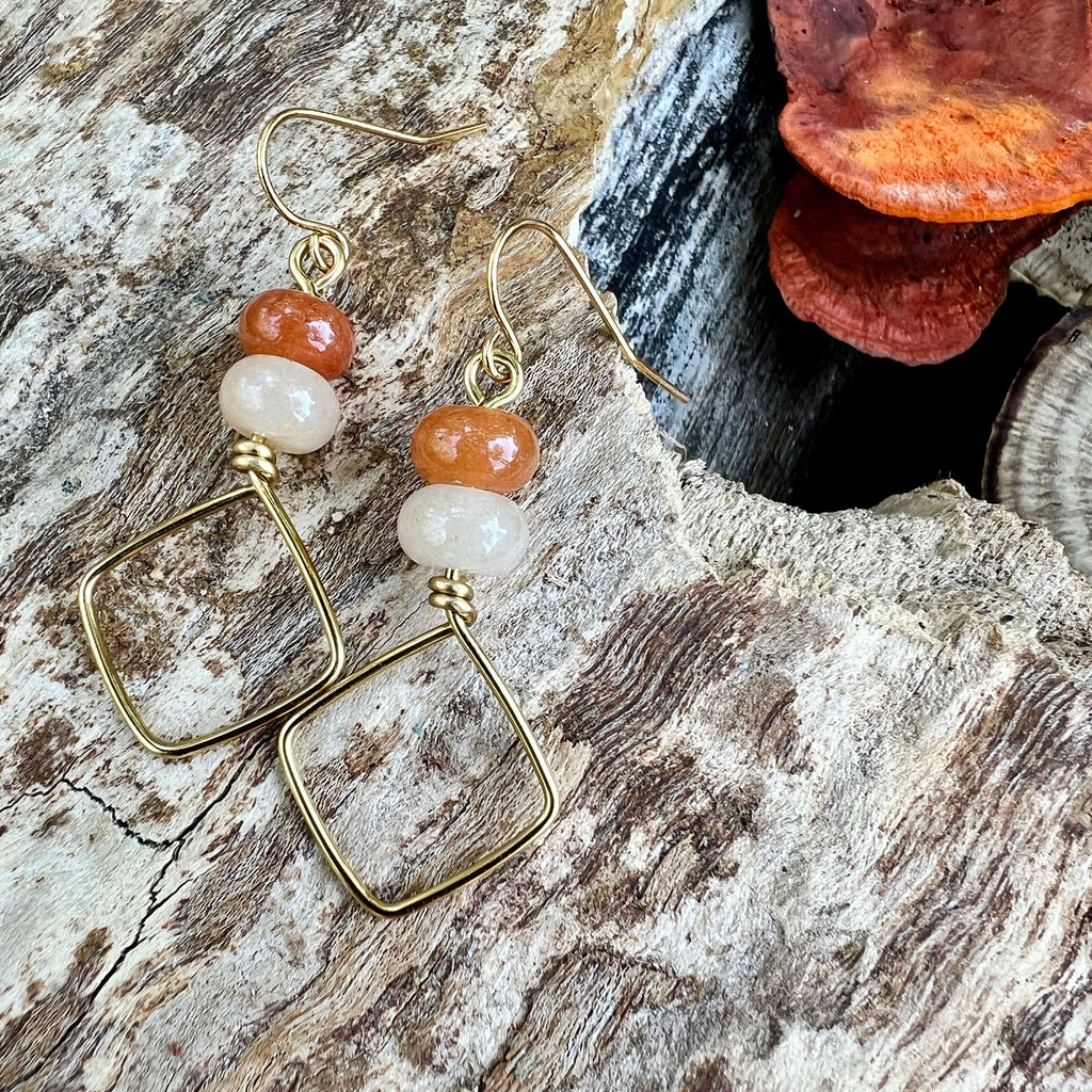 Square Hoop Earrings - Golden with Red Aventurine