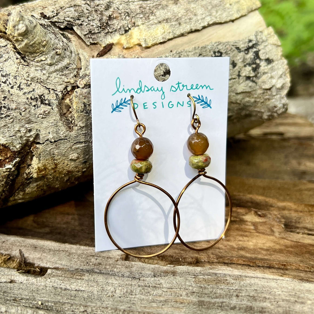 Festival Hoop Earrings - Vintage Bronze with Agate and Unakite