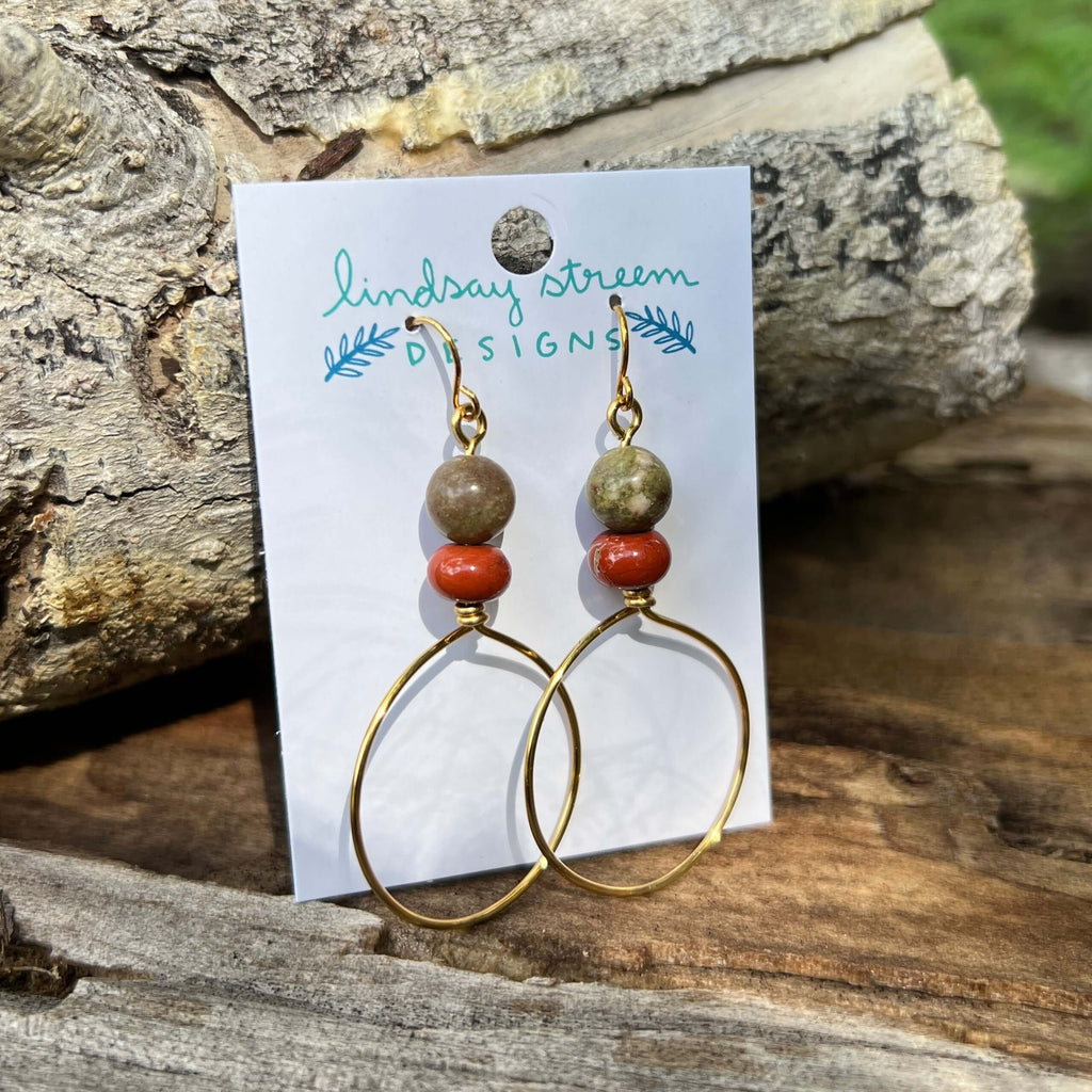 Festival Hoop Earrings - Golden with Autumn and Red Jasper