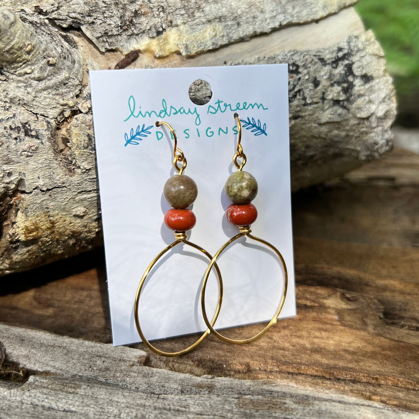 golden dangle hoop earrings with autumn and red jasper