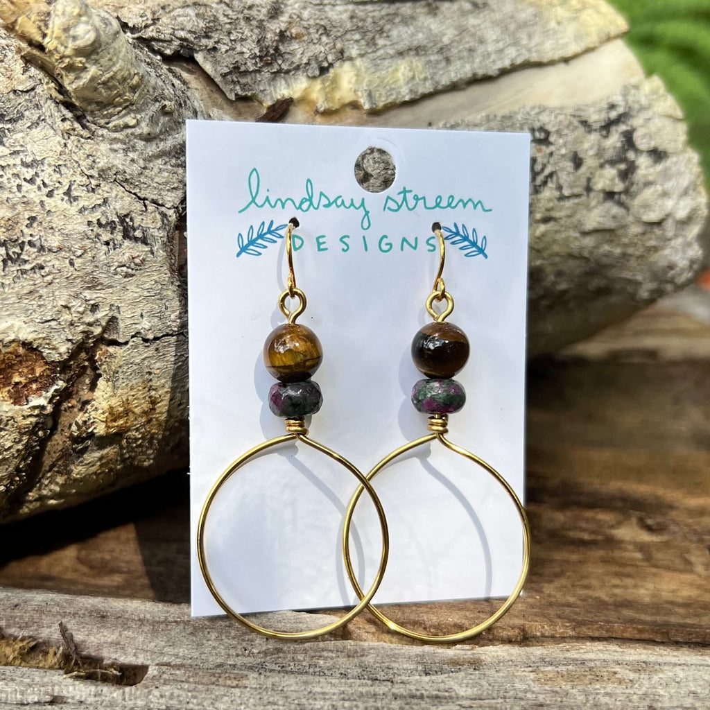 Festival Hoop Earrings - Golden with Tigereye and Ruby Zoisite