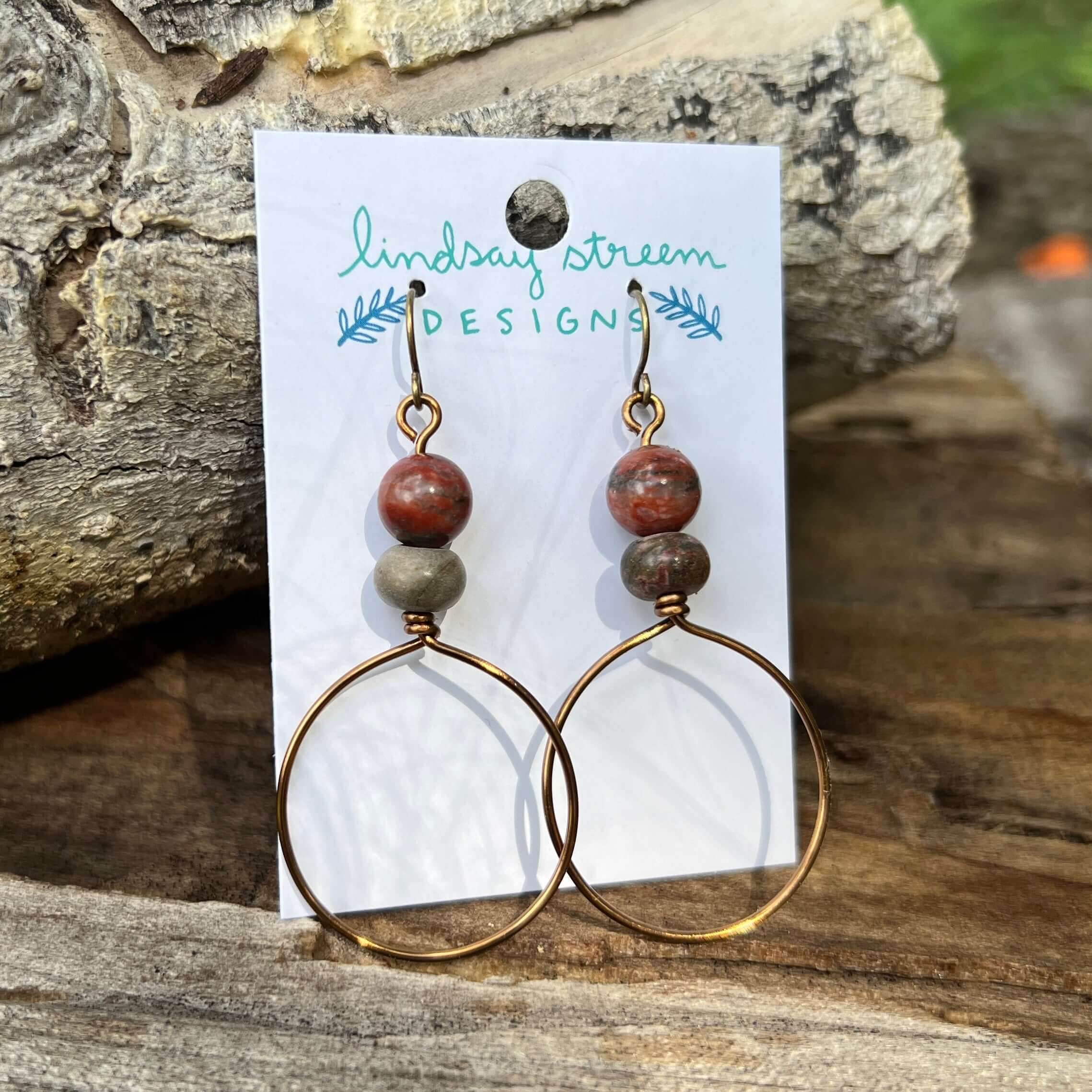 Festival Hoop Earrings - Vintage Bronze with Red Jasper