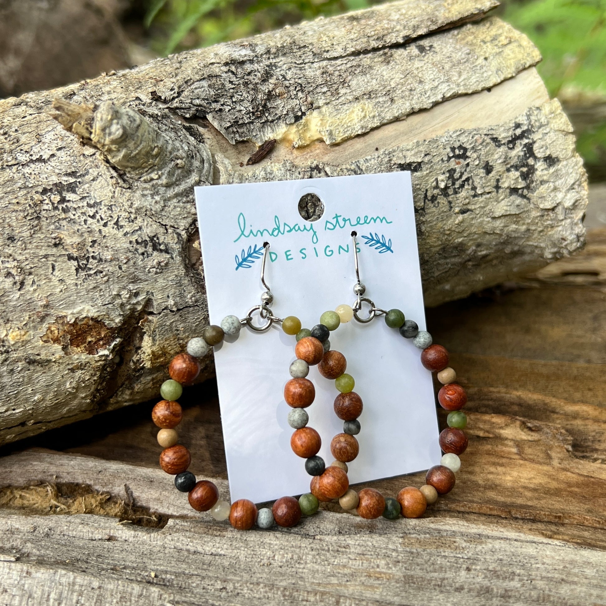 wood and jasper beaded hoop earrings