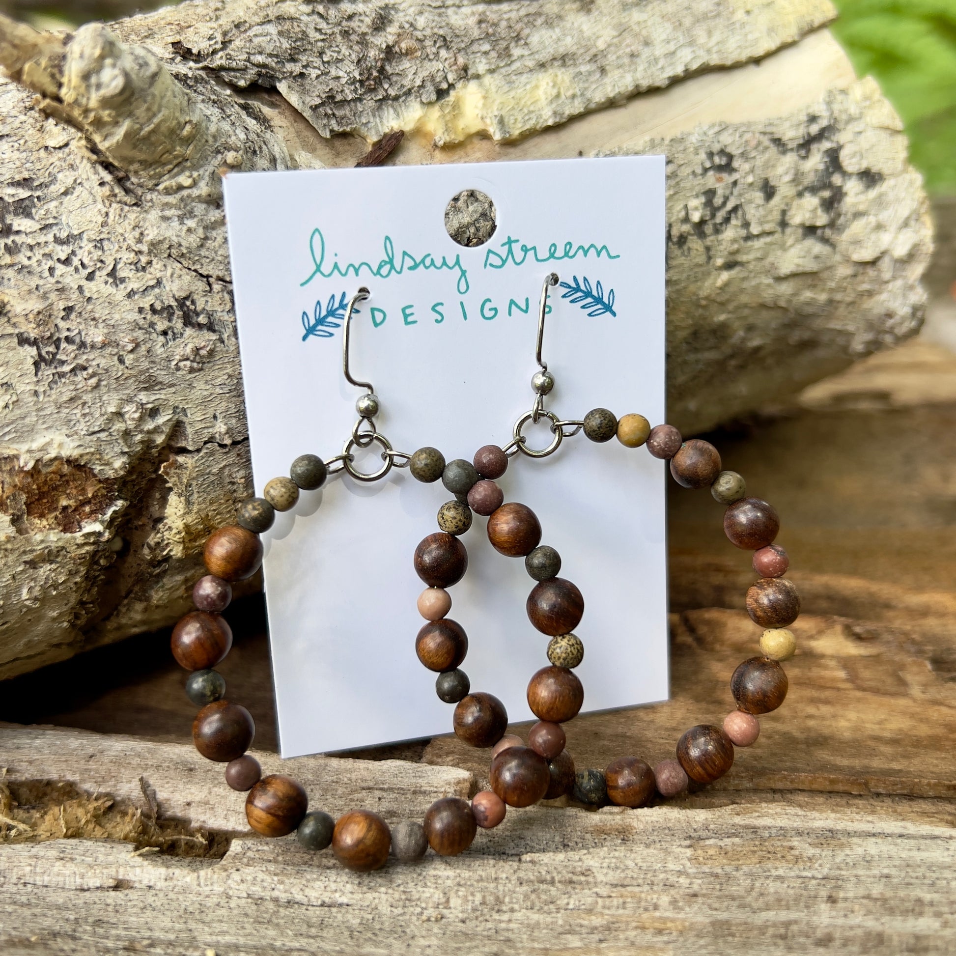 wood bead and jasper hoop earrings