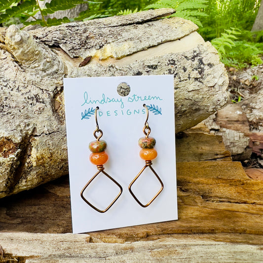 vintage bronze square dangle hoop earrings with aventurine and jasper