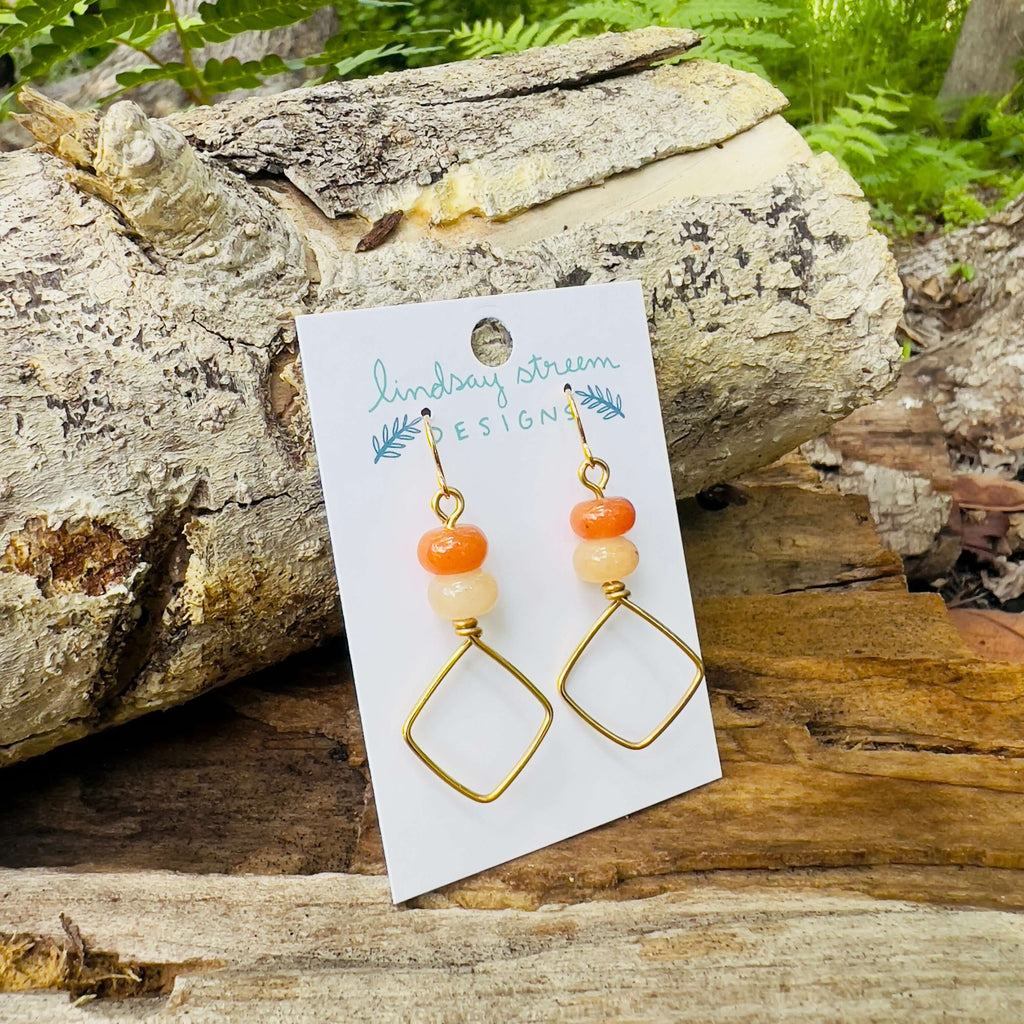 Square Hoop Earrings - Golden with Red Aventurine