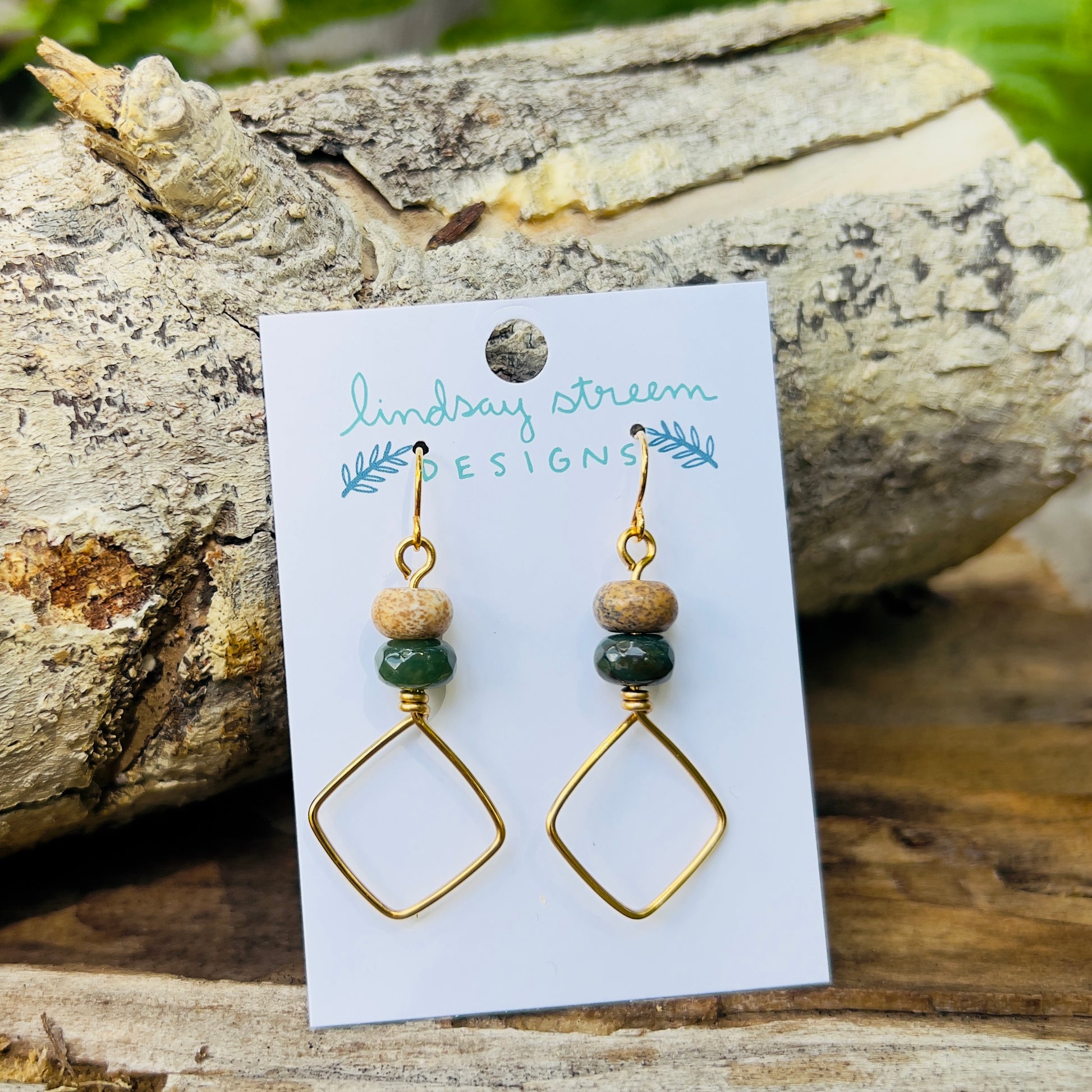 golden dangle hoop earrings with jasper