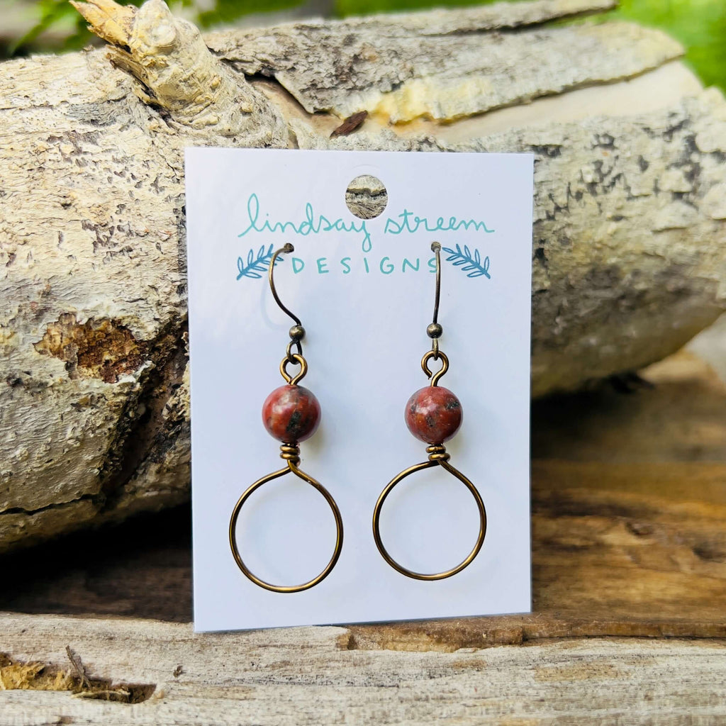 Dangle Hoop Earrings in Vintage Bronze with Red Sesame Jasper