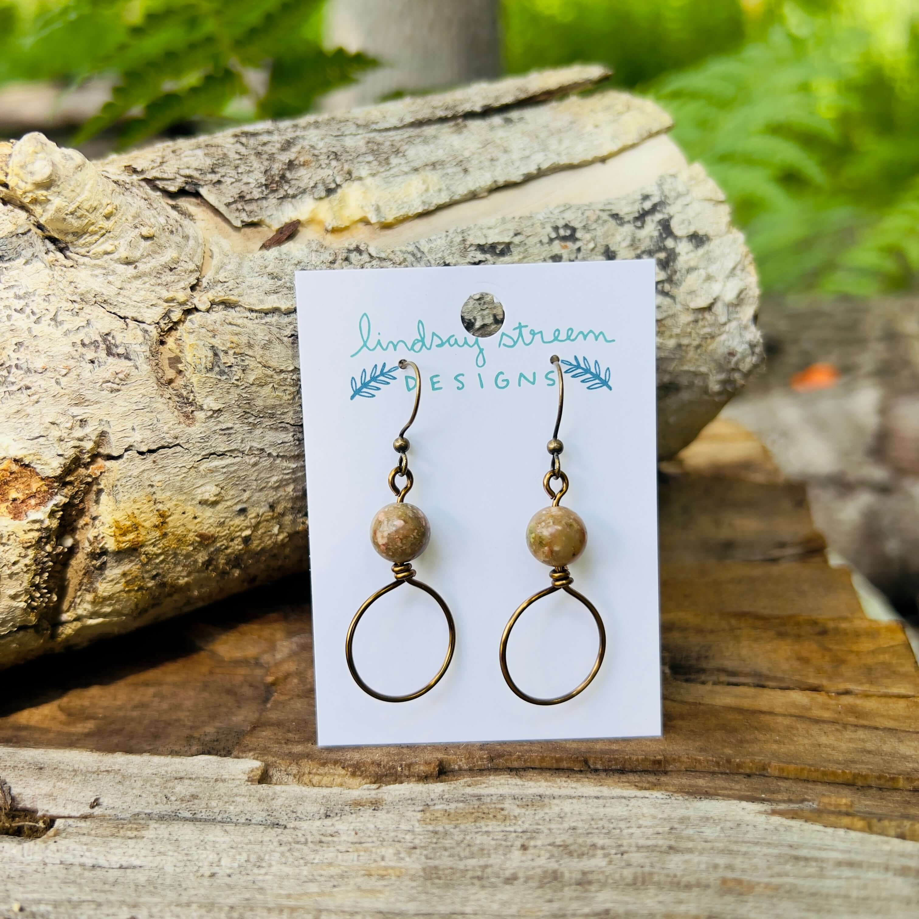 Dangle Hoop Earrings in Vintage Bronze with Autumn Jasper