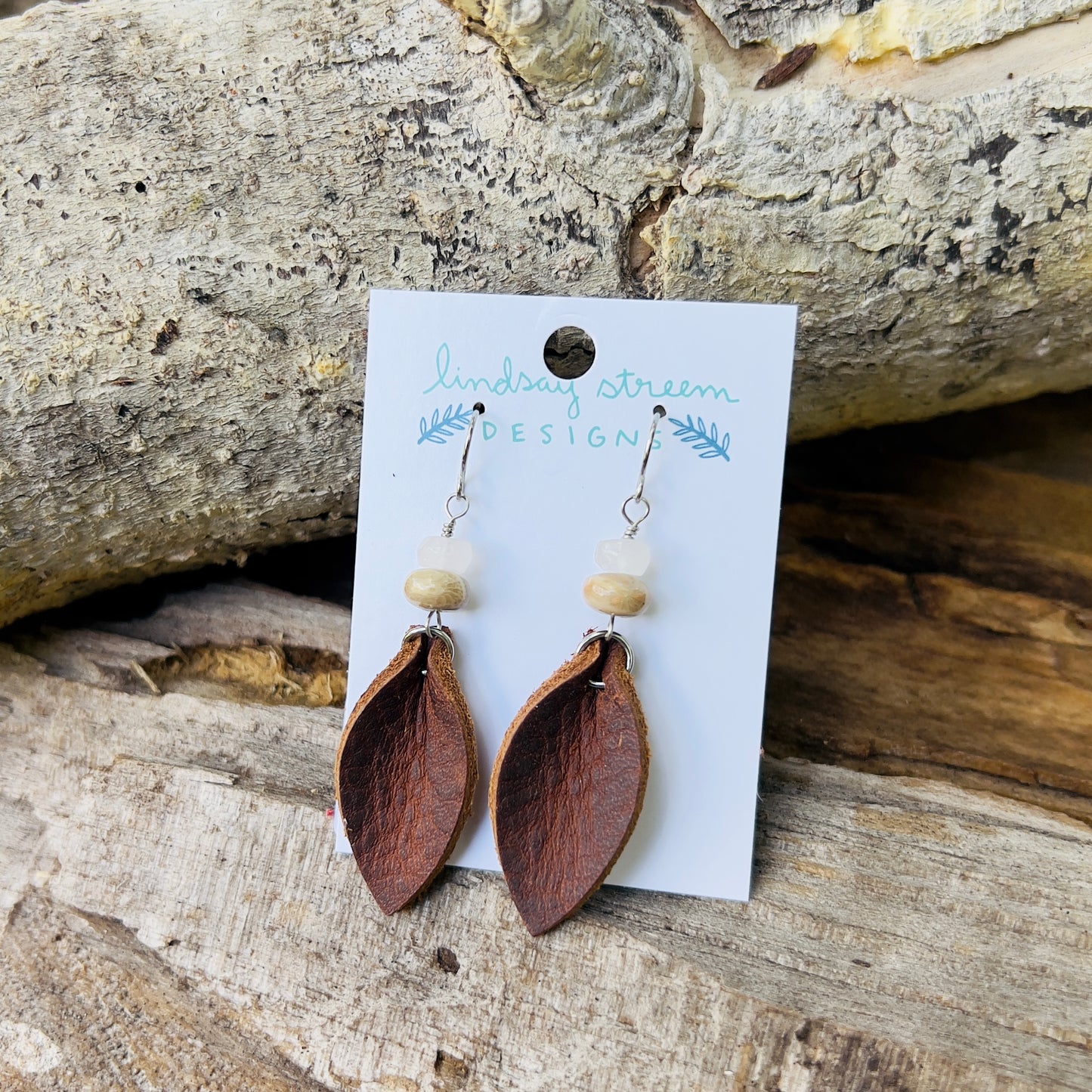 Western Style Leather Earrings - Brown Petal with Quartz and Fossilized Coral