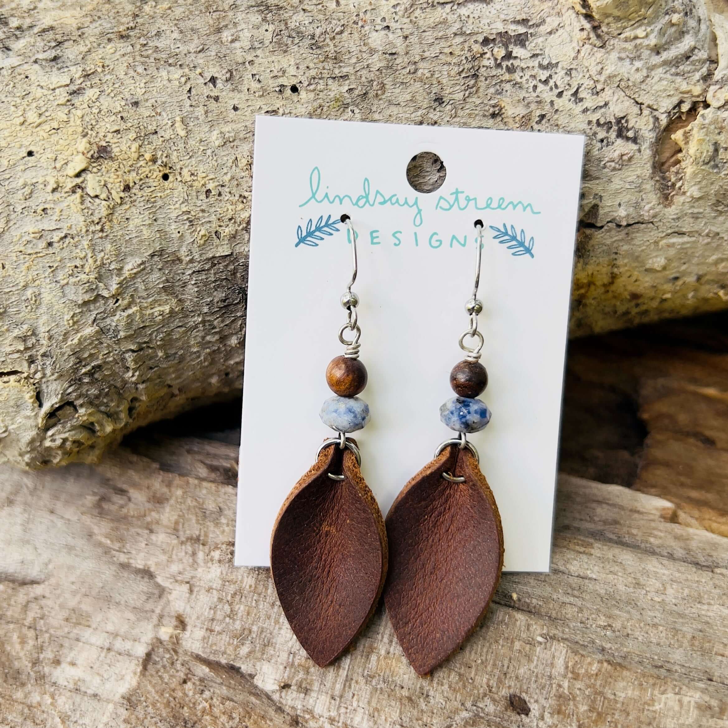 Western Style Earrings - Brown Leather Petal and Blue Spot Jasper