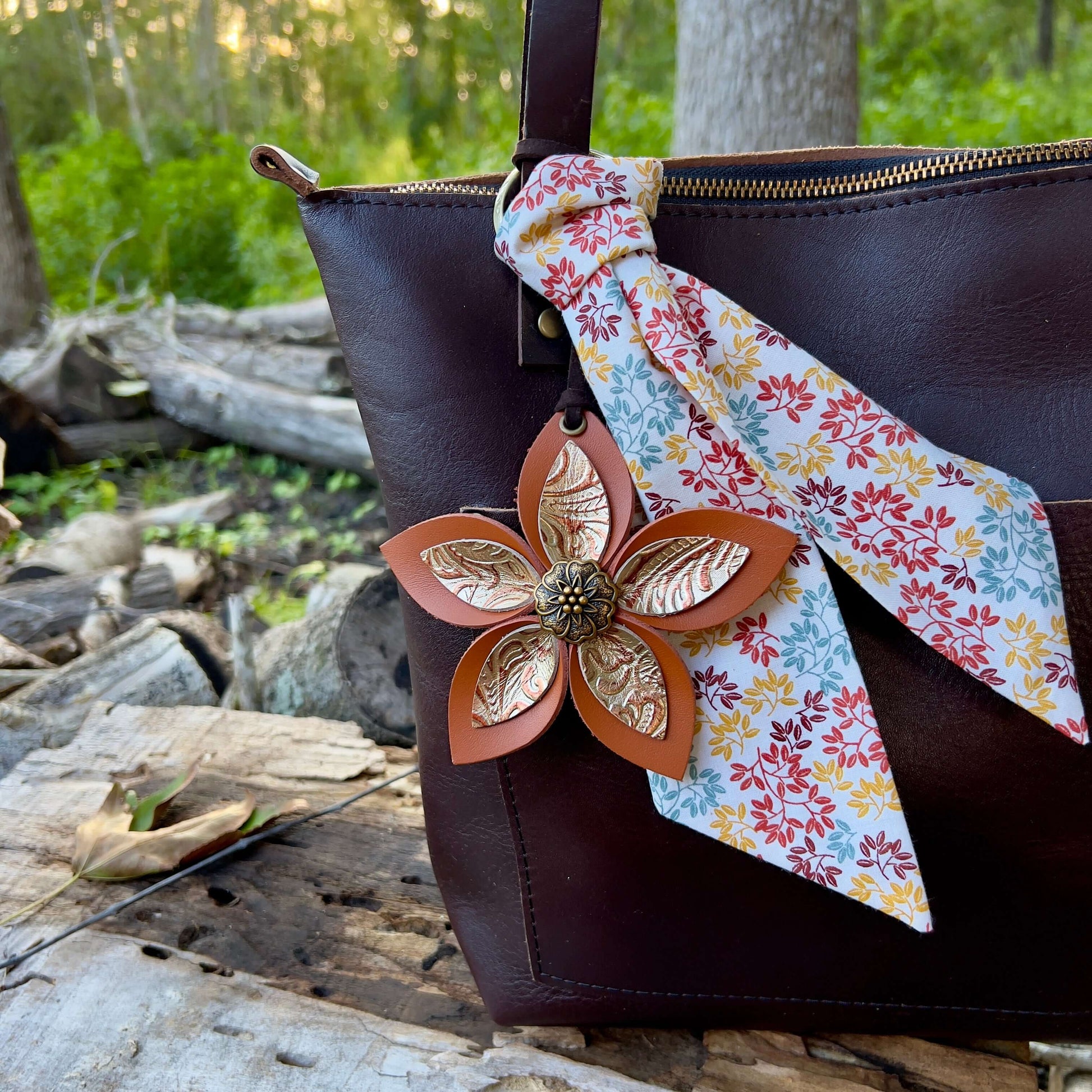 Leather Flower Bag Charm - Large Flower with Loop - Deep Orange with Golden FloralLeather purse charms are a great way to update your handbag, purse or tote. Each flower is crafted with leather petals securely sewn and glued together and accented with but