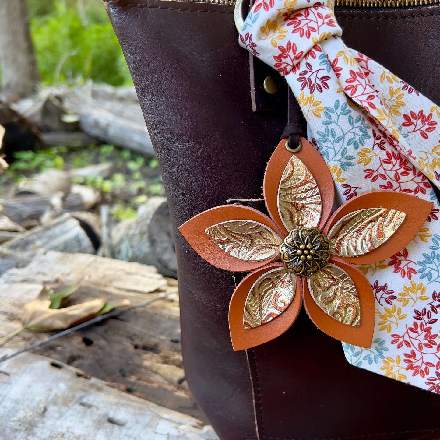 Leather Flower Bag Charm - Large Flower with Loop - Deep Orange with Golden FloralLeather purse charms are a great way to update your handbag, purse or tote. Each flower is crafted with leather petals securely sewn and glued together and accented with but