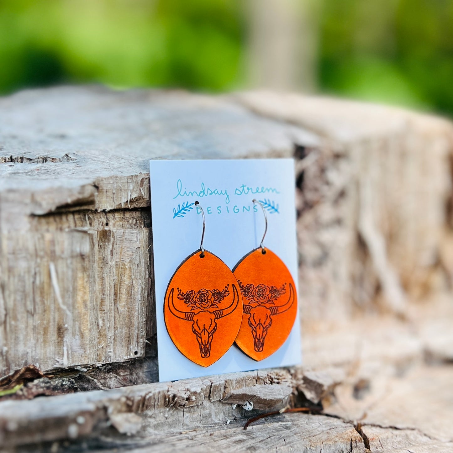 leather dangle earrings with southwestern skull and roses