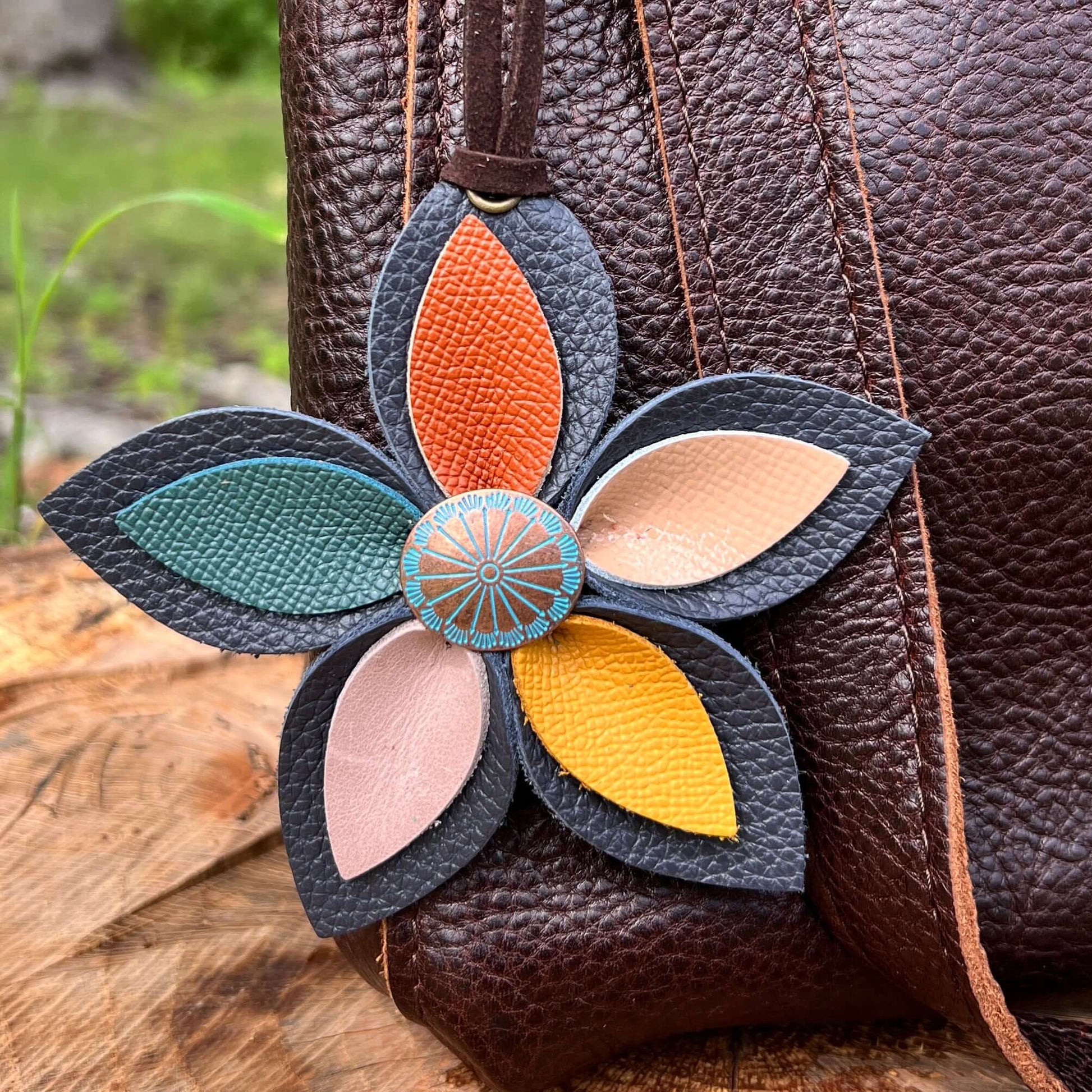 Leather Flower Bag Charm - Large Flower with Loop - Grey Blue with Assorted ColorsLeather purse charms are a great way to update your handbag, purse or tote. Each flower is crafted with leather petals securely sewn and glued together and accented with but