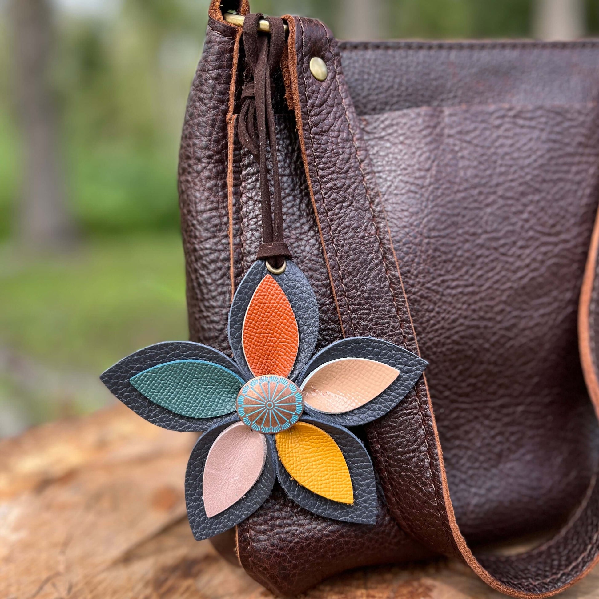 Leather Flower Bag Charm - Large Flower with Loop - Grey Blue with Assorted ColorsLeather purse charms are a great way to update your handbag, purse or tote. Each flower is crafted with leather petals securely sewn and glued together and accented with but