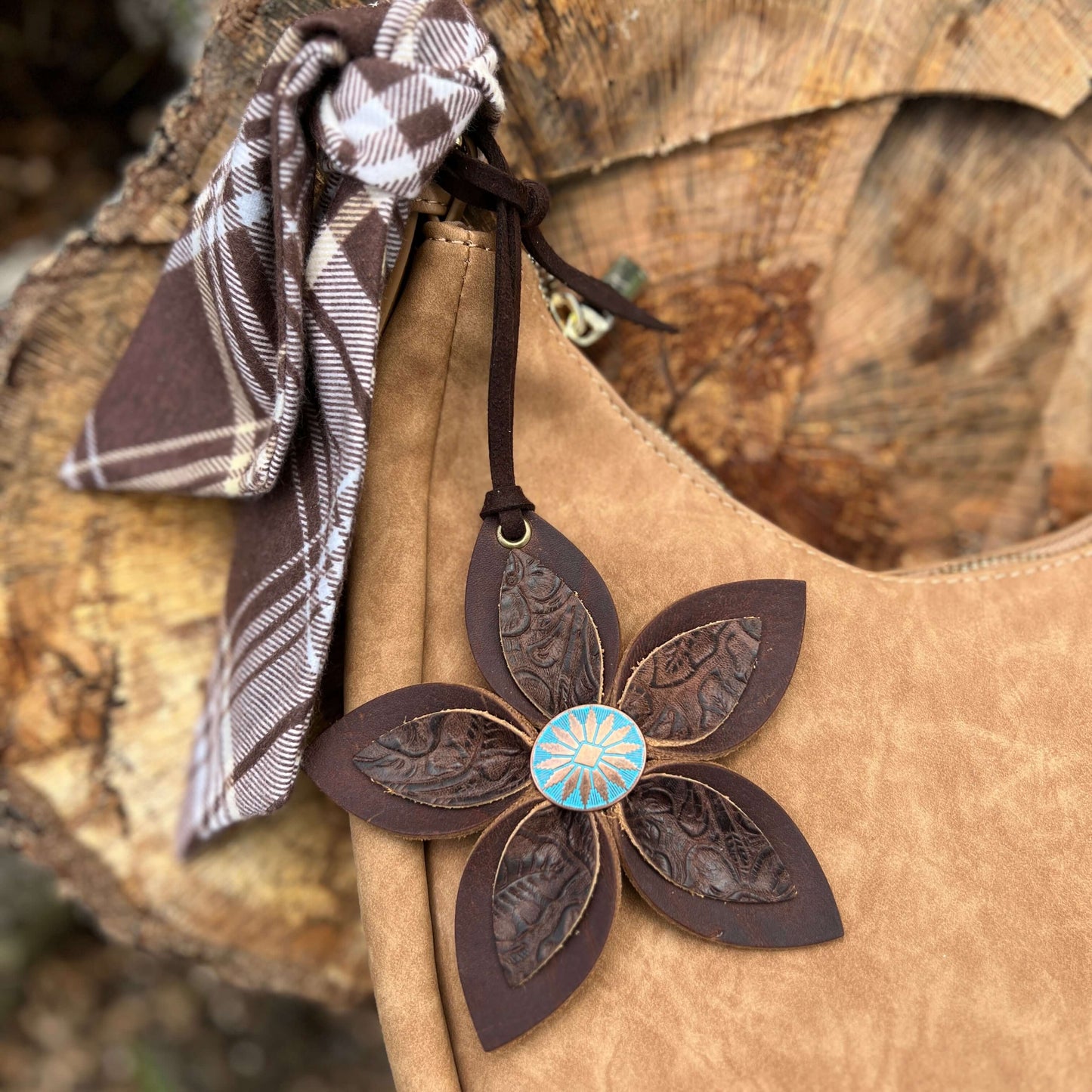 Leather Flower Bag Charm - Large Flower with Loop - Western BrownLeather purse charms are a great way to update your handbag, purse or tote. Each flower is crafted with leather petals securely sewn and glued together and accented with buttons in the cente