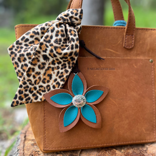 teal and brown leather flower purse charm