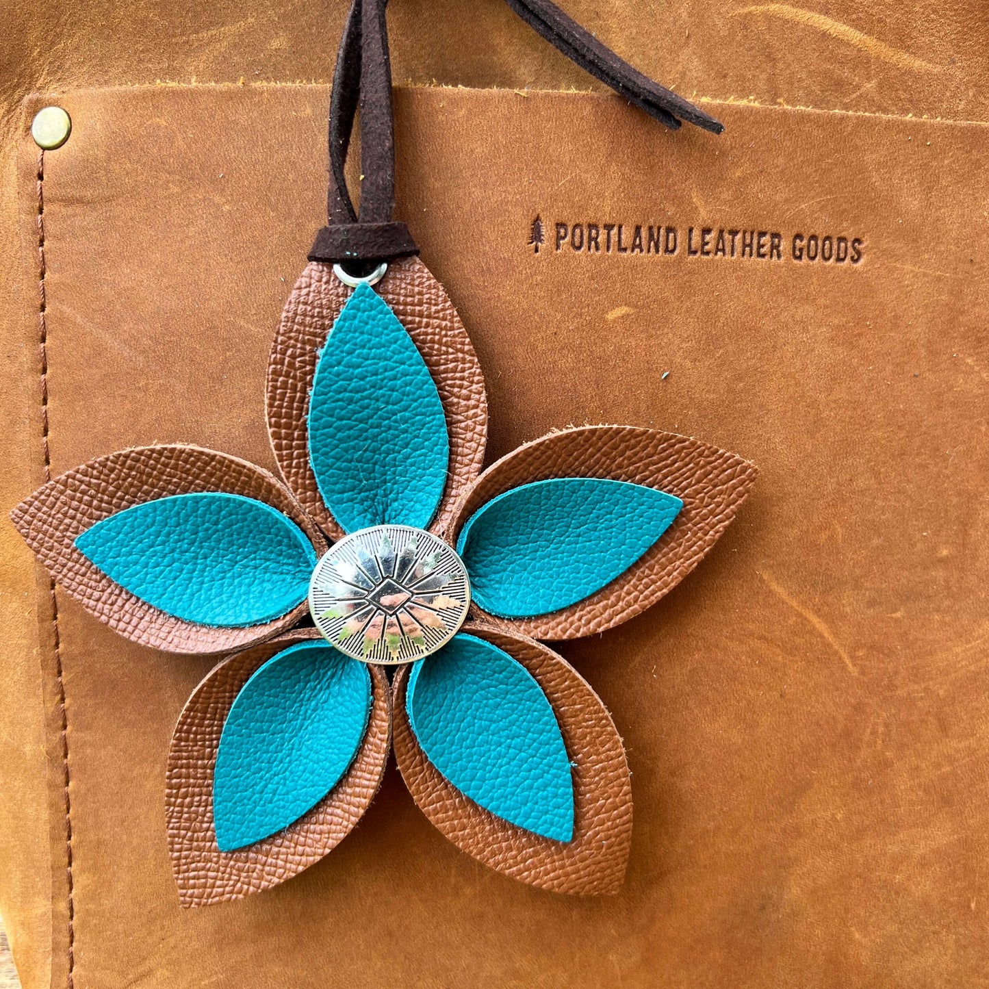 Leather Flower Bag Charm - Large Flower with Loop - Teal and BrownLeather purse charms are a great way to update your handbag, purse or tote. Each flower is crafted with leather petals securely sewn and glued together and accented with buttons in the cent