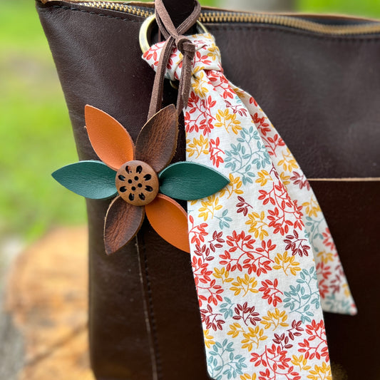 green, brown and orange leather flower purse charm