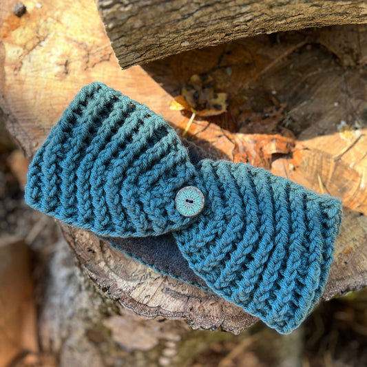 Winter Headband with Fleece Lining - Soft Teal BlueKeep your ears nice and warm without messing up your do. Crocheted with super soft acrylic yarn and lined with fleece for extra warmth. Button can be worn in the back, front or on the side. 4.75" wide - e