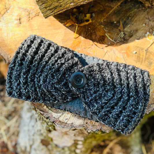 Winter Headband with Fleece Lining - Charcoal HeatherKeep your ears nice and warm without messing up your do. Crocheted with super soft acrylic yarn and lined with fleece for extra warmth. Button can be worn in the back, front or on the side. 4.75" wide -