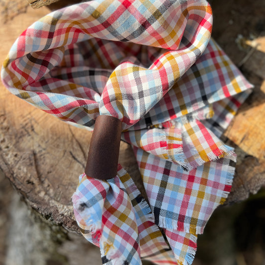 fall plaid cotton square scarf bandana. Pictured with brown leather bandana slide.