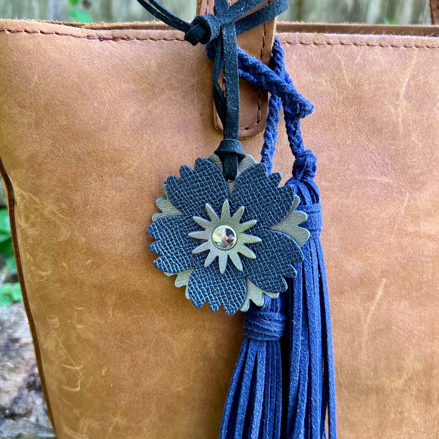 Small Leather Flower Purse Charm - Blue Shimmer and GunmetalWhen you want just a little pop of color for your handbag or purse. Update an old bag or tote with a genuine leather layered flower. Add a single flower to your small cross body or layer with oth