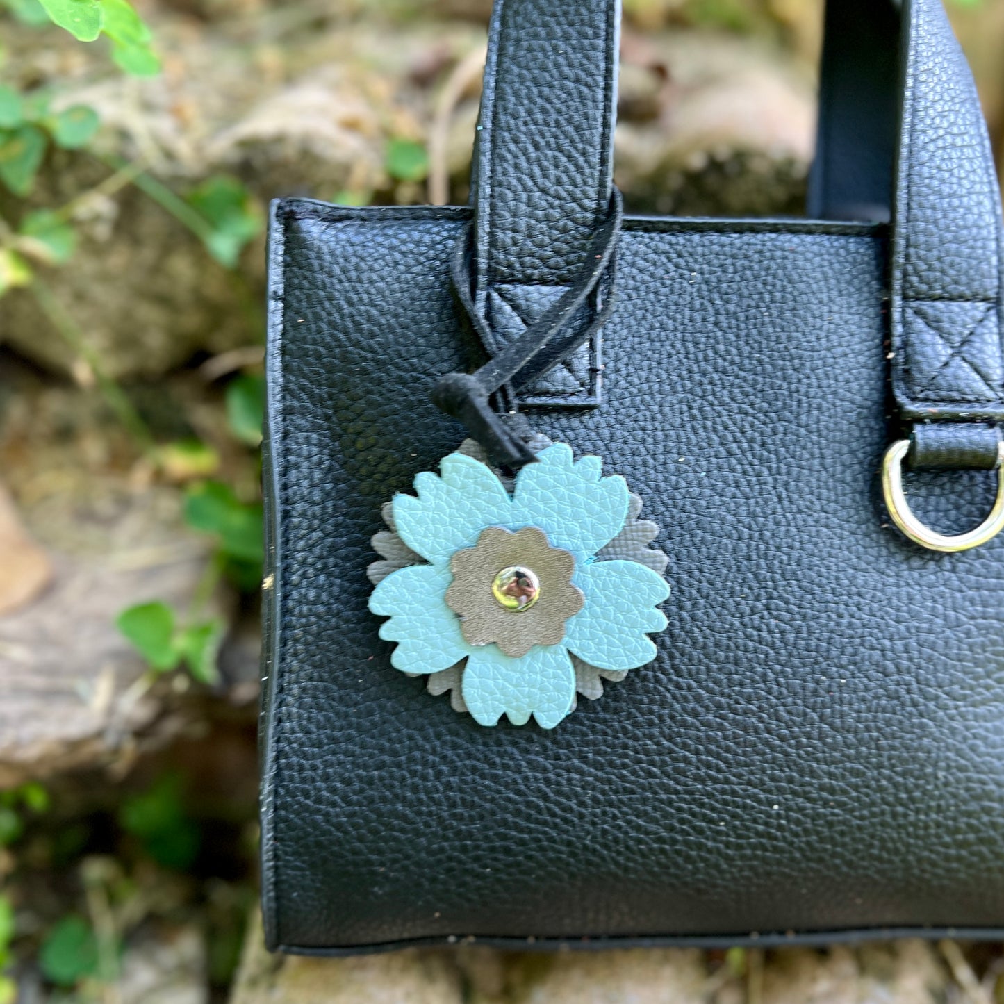 mint blue and grey small leather flower bag charm