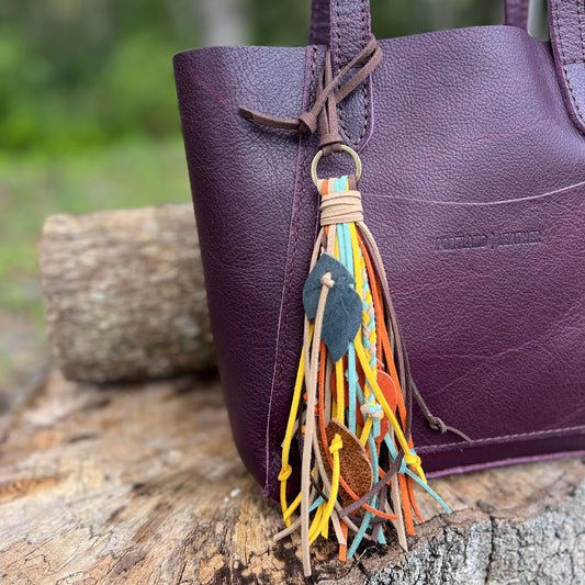 fringe tassel bag charm with leather feathers, braids and wood beads