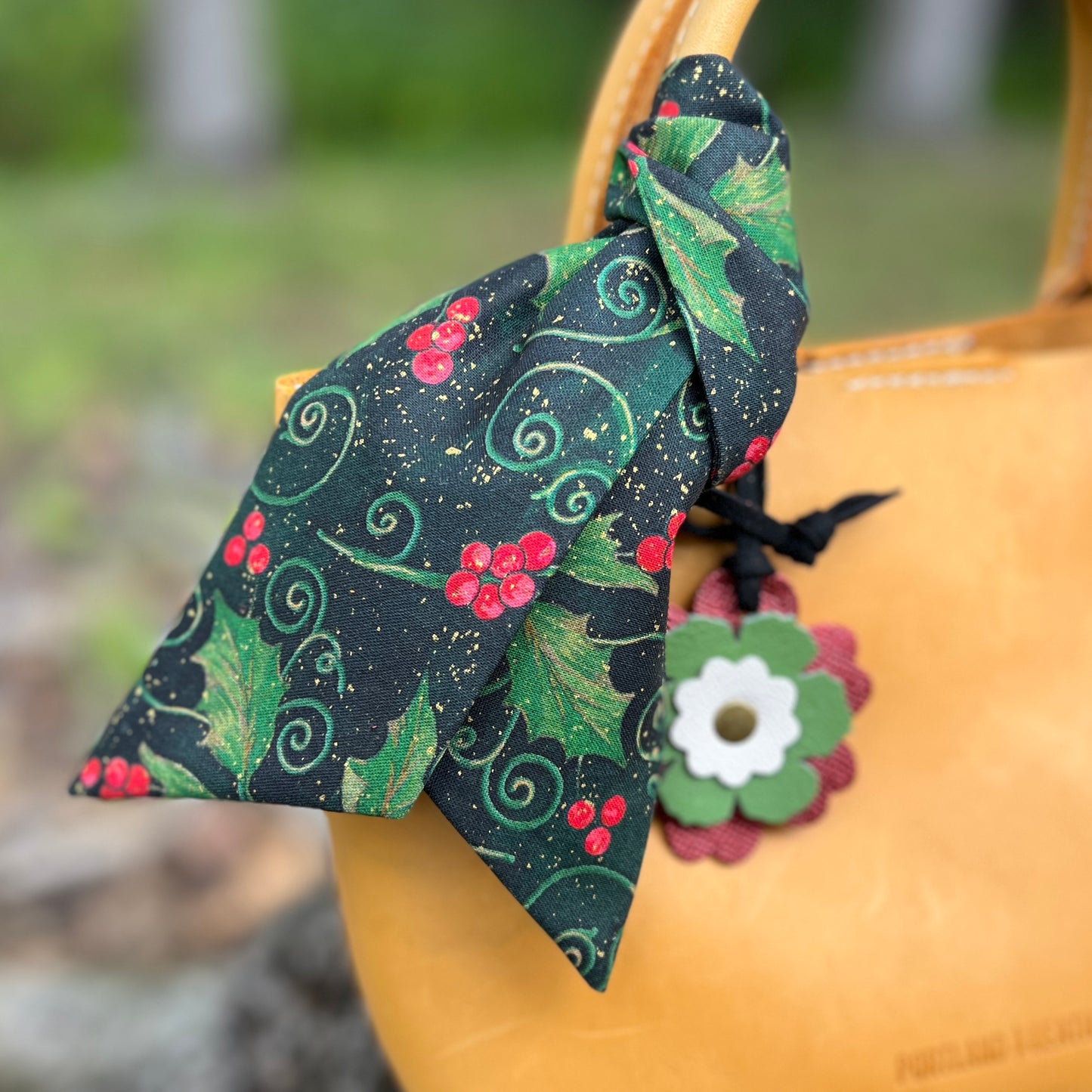 Christmas purse scarf and leather flower bag charm
