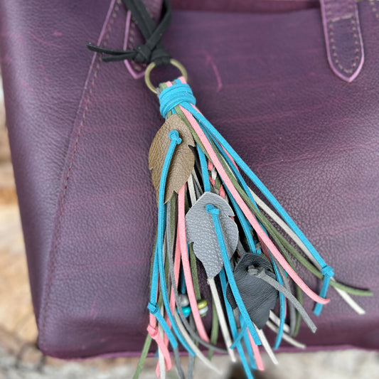 faux suede fringe tassel bag charm with leather feathers and wood beads