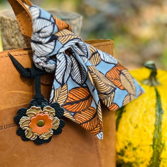 Fall Flannel Leaves Purse Scarf and Leather Flower Bag Charm