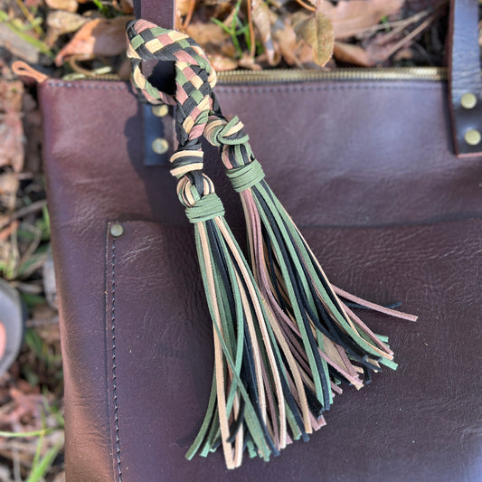 black, brown and green camo colors braided tassel bag charm