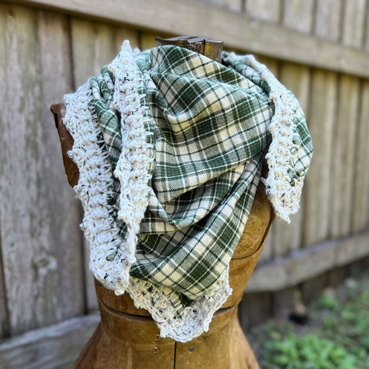 Flannel Triangle Scarf with Crochet TrimBohemian fall style and a one of a kind scarf. Cotton flannel triangle is edged with a crochet trim. Flannel has been hemmed to prevent fraying and edge is crocheted directly onto the scarf. Super versatile designs