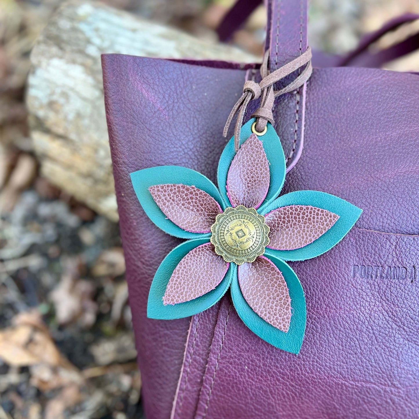 Leather Flower Bag Charm - Large Flower with Loop - Jade Green and Plum WineLeather purse charms are a great way to update your handbag, purse or tote. Each flower is crafted with leather petals securely sewn and glued together and accented with buttons i