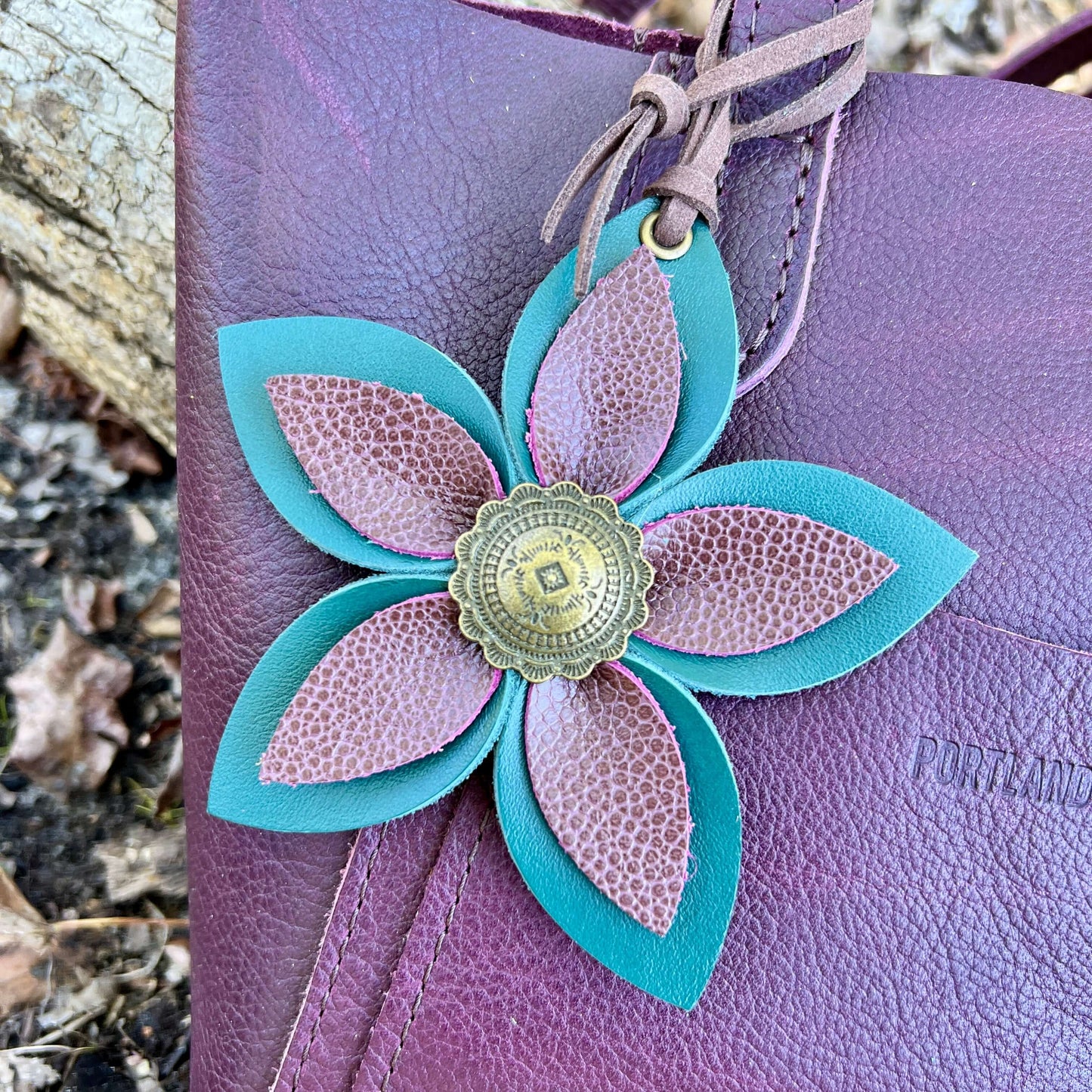 Leather Flower Bag Charm - Large Flower with Loop - Jade Green and Plum WineLeather purse charms are a great way to update your handbag, purse or tote. Each flower is crafted with leather petals securely sewn and glued together and accented with buttons i