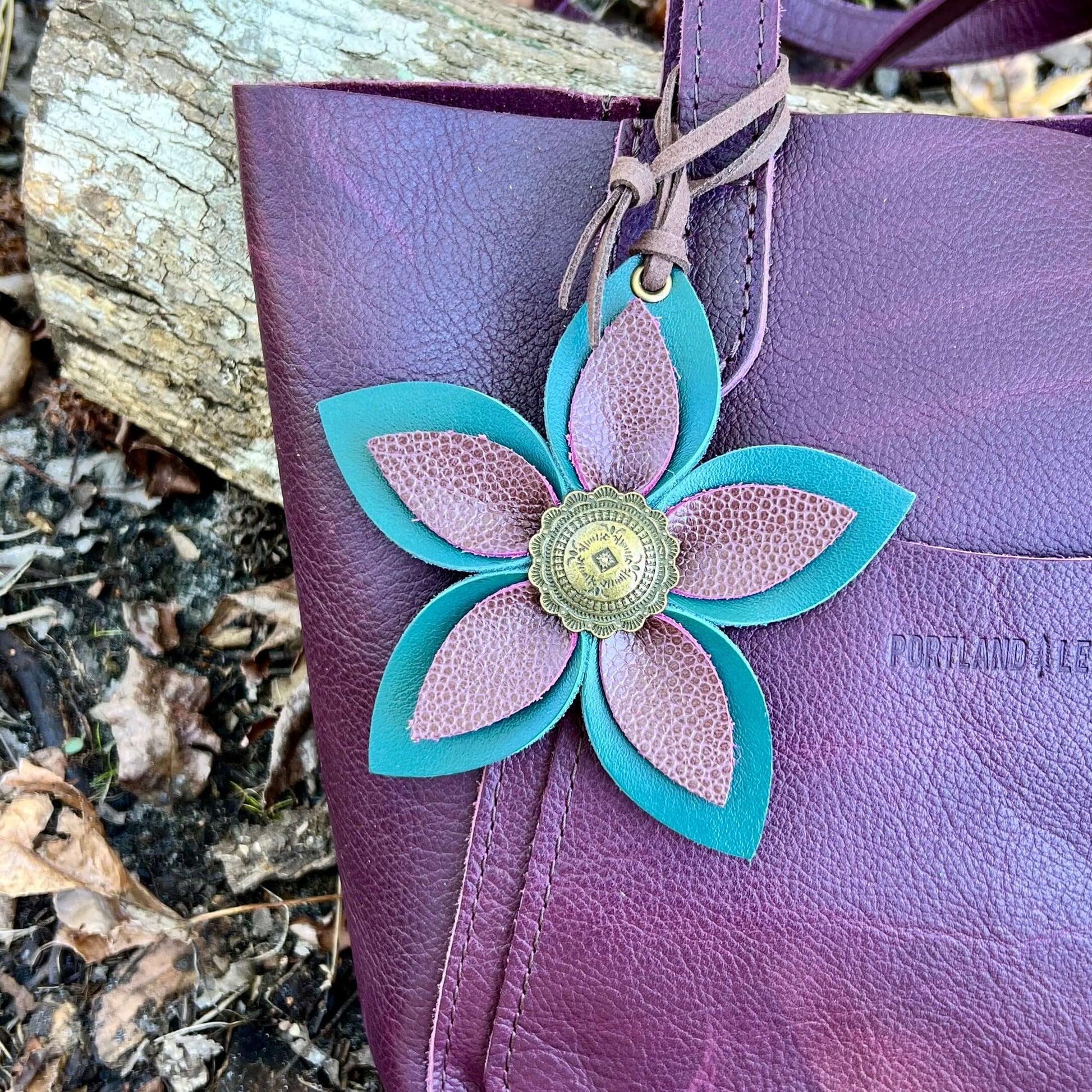 Leather Flower Bag Charm - Large Flower with Loop - Jade Green and Plum WineLeather purse charms are a great way to update your handbag, purse or tote. Each flower is crafted with leather petals securely sewn and glued together and accented with buttons i