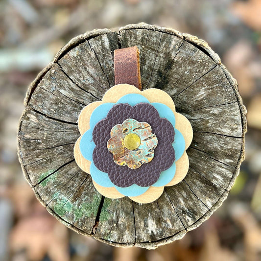 Leather Flower Bag Charm - Tan, Steel Blue and PurpleLeather flower charms are the perfect way to add a little flair to your handbag, tote or purse. Handcrafted with layers of genuine leather and securely riveted to a leather loop with your choice of hard