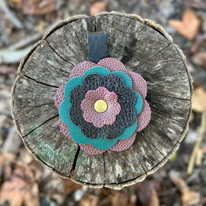 Leather Flower Bag Charm - Plum Wine, Jade and Black