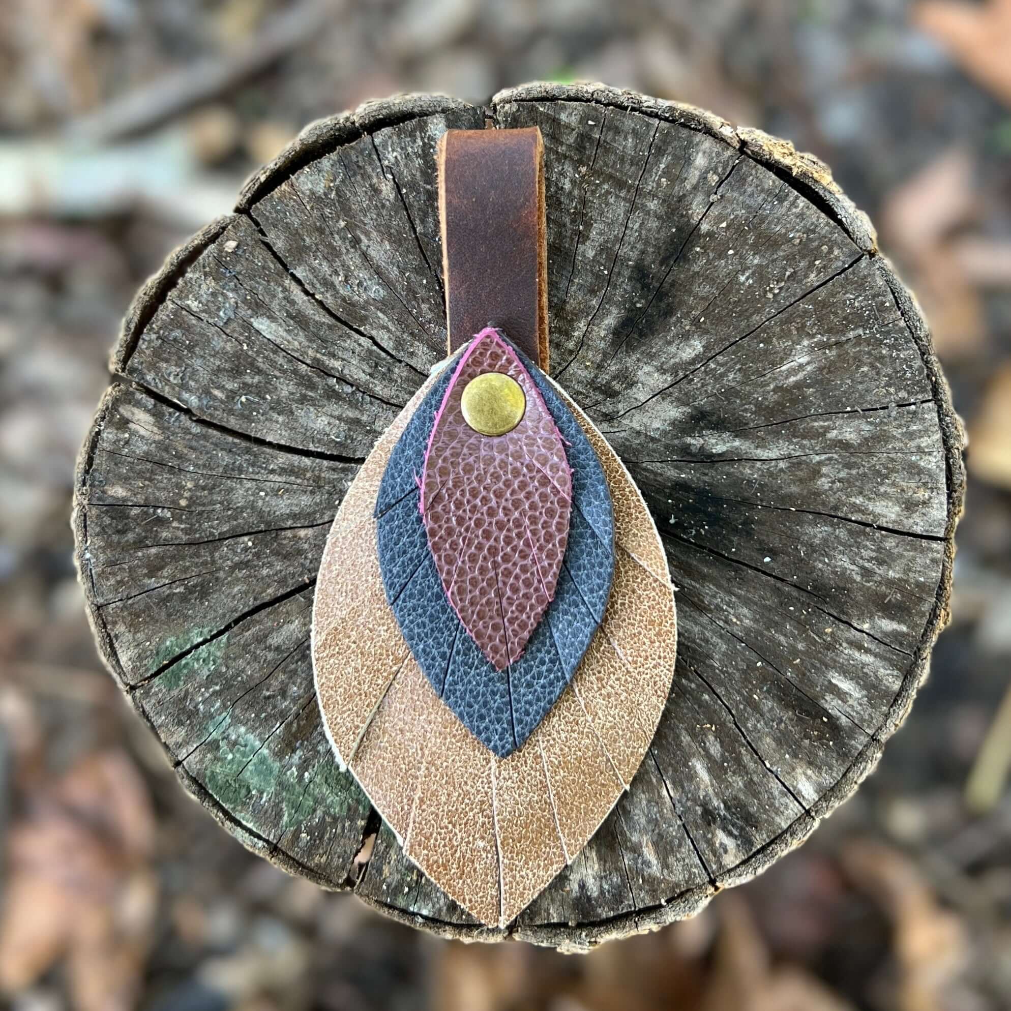Leather Feather Bag Charm - Brown, Deep Navy and Plum Wine