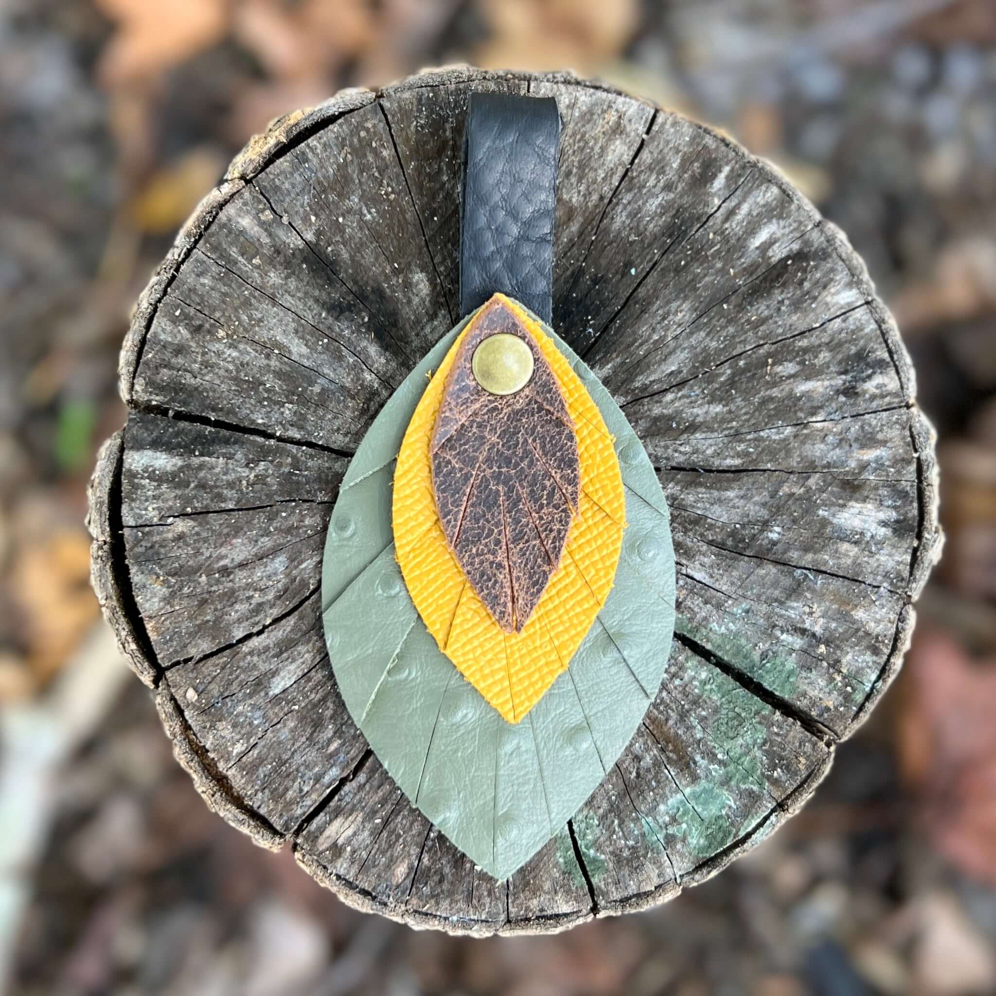Leather Feather Bag Charm - Brown, Yellow and Green