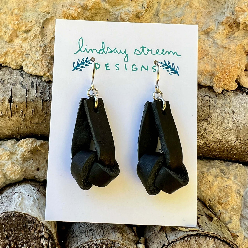 Leather Knot Earrings - Rustic Black