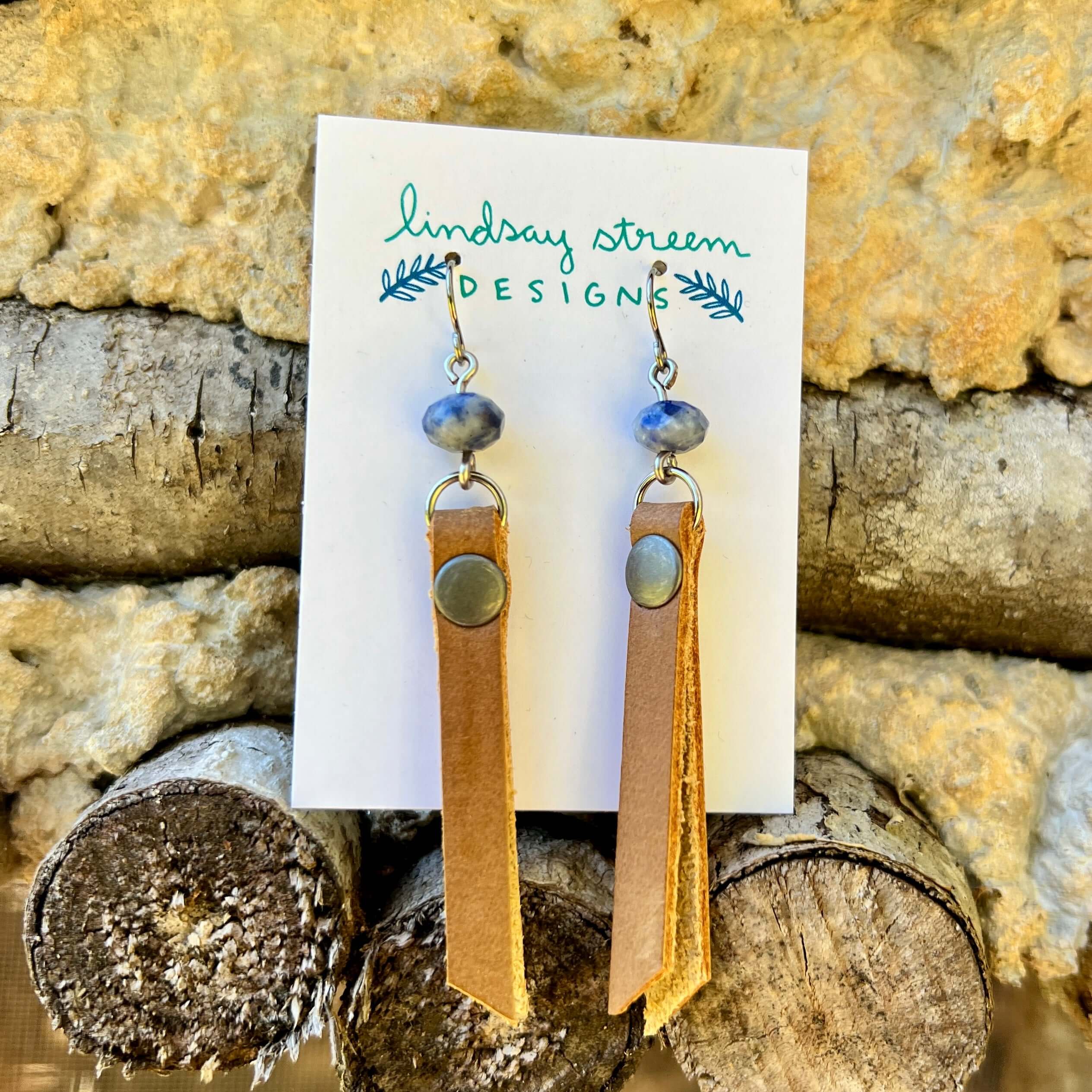 Leather Tassel Earrings - Tan with Blue Spot Jasper