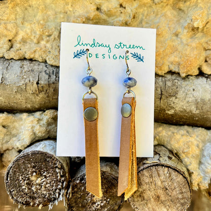 Leather Tassel Earrings - Tan with Blue Spot Jasper
