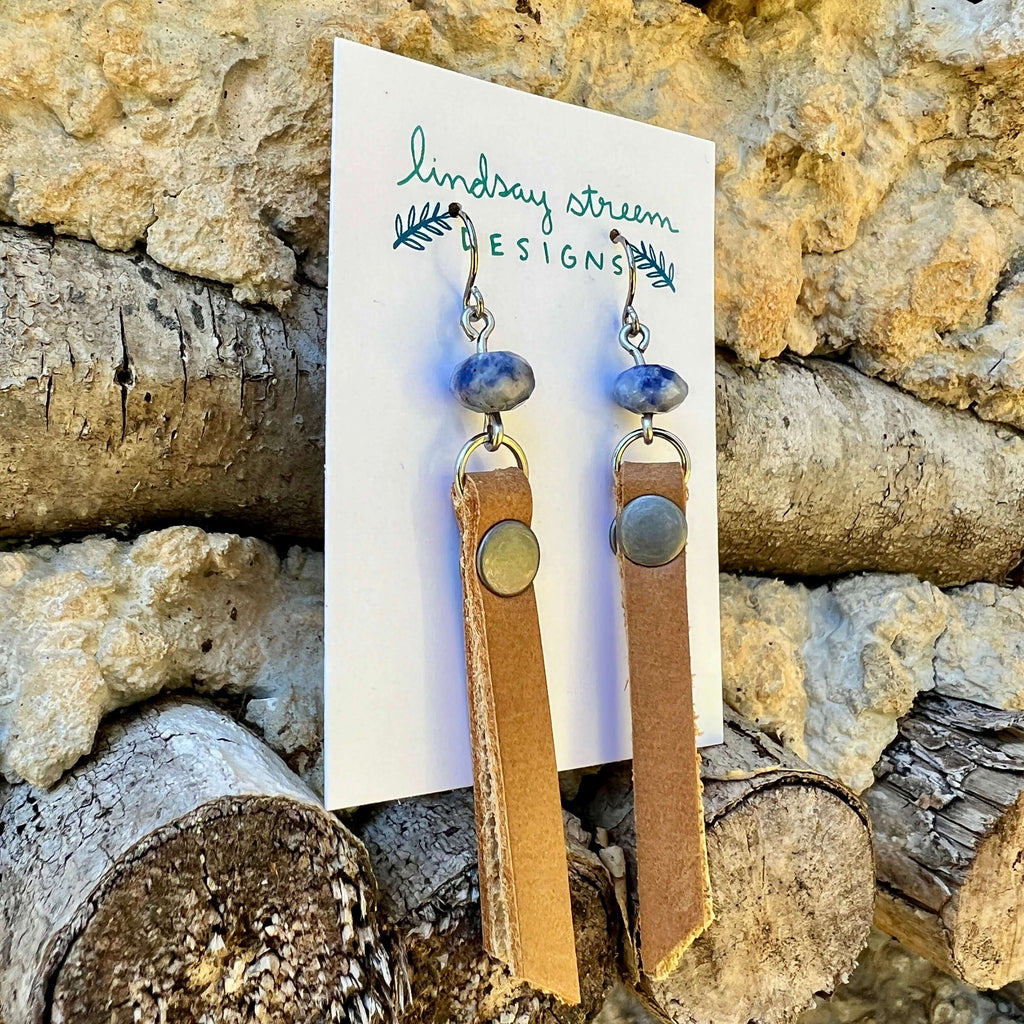 Leather Tassel Earrings - Tan with Blue Spot Jasper