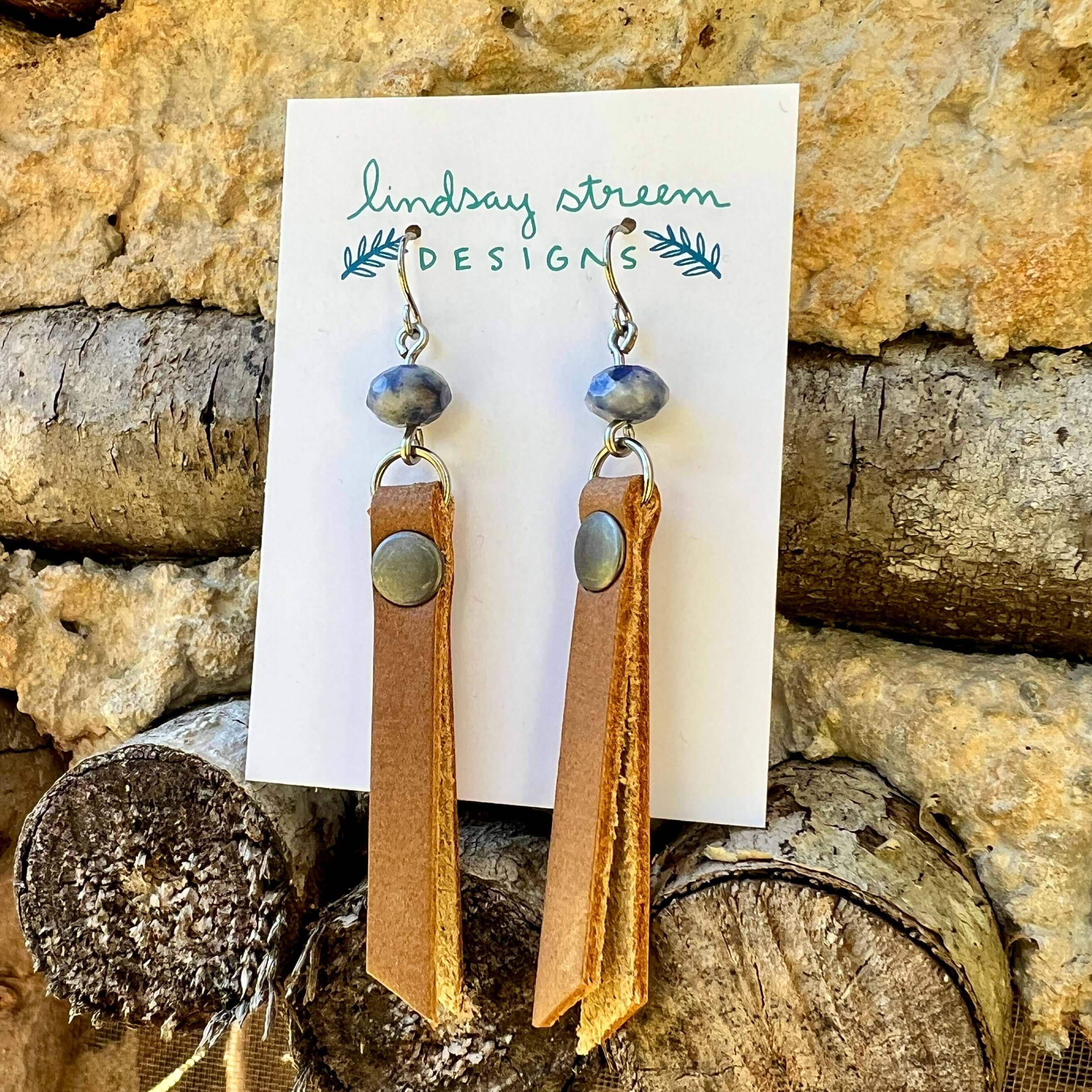 Leather Tassel Earrings - Tan with Blue Spot Jasper